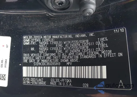 2011 Toyota Sienna Limited V6 z USA, uszkodzony, nr VIN 5TDYK3DC3BS095849